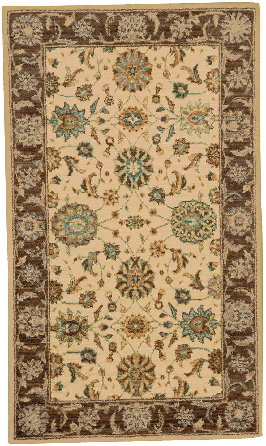 Close-up of Nourison Living Treasures Beige rug, featuring a floral pattern with brown and teal accents on a cream background.