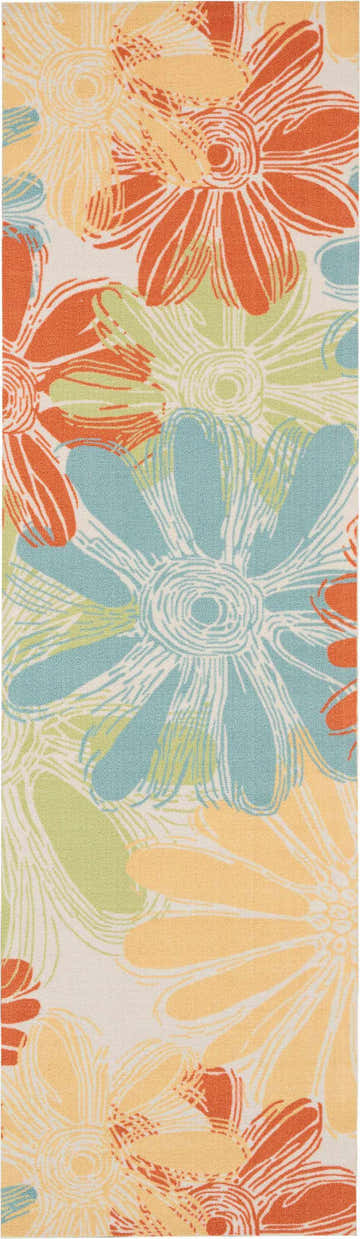 Close-up of Nourison Home & Garden Ivory rug. Features orange, yellow, green, and blue floral pattern on a neutral background.