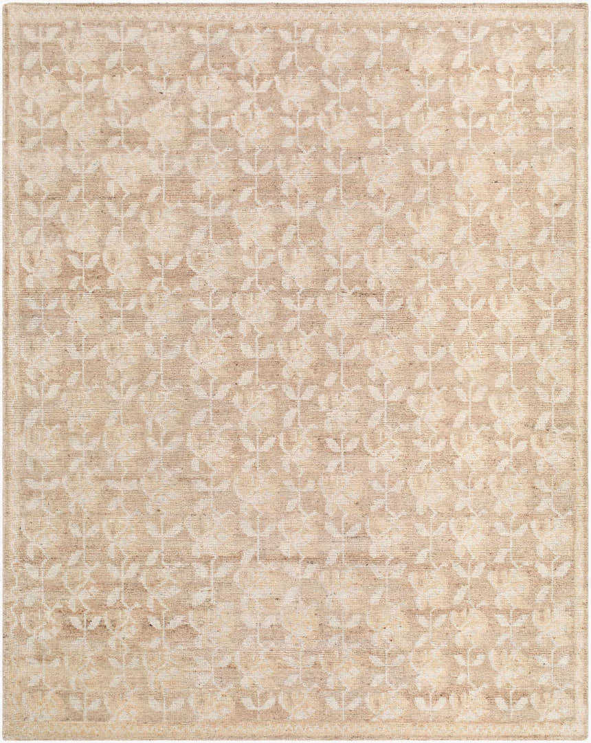 Close-up of the Almussafes Area Rug. Hand-knotted wool and linen rug in beige, ivory, and taupe with a floral pattern. Design-Rectangle-810