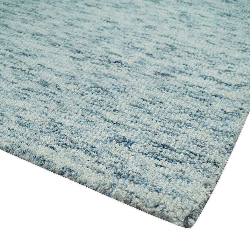 Custom Made Ivory and Blue Abstract Hand Tufted Natural Wool Area Rug