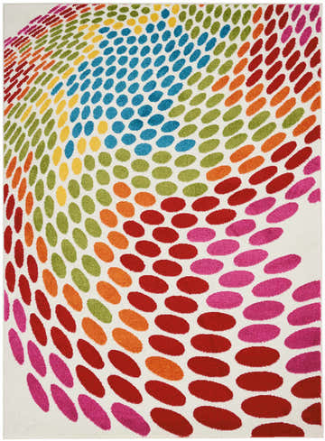 Close-up of Nourison Oakdale White/Multicolor rug. Colorful oval pattern in blue, green, yellow, orange, red, and pink on white.