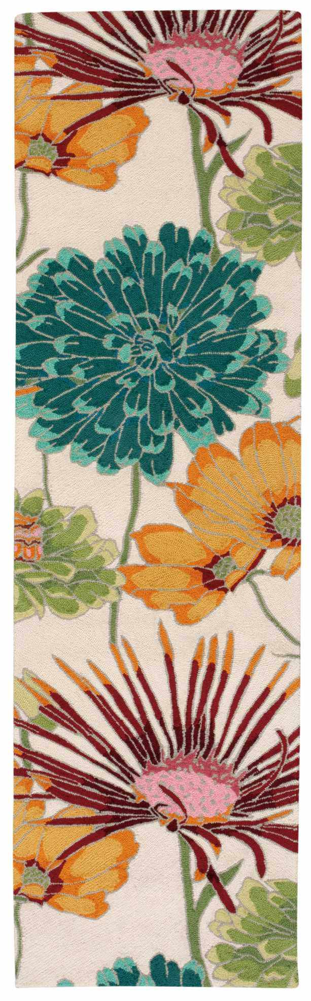Close-up of Nourison Fantasy Ivory rug. Features a floral design with chestnut, orange, teal, and green hues. Contemporary style.