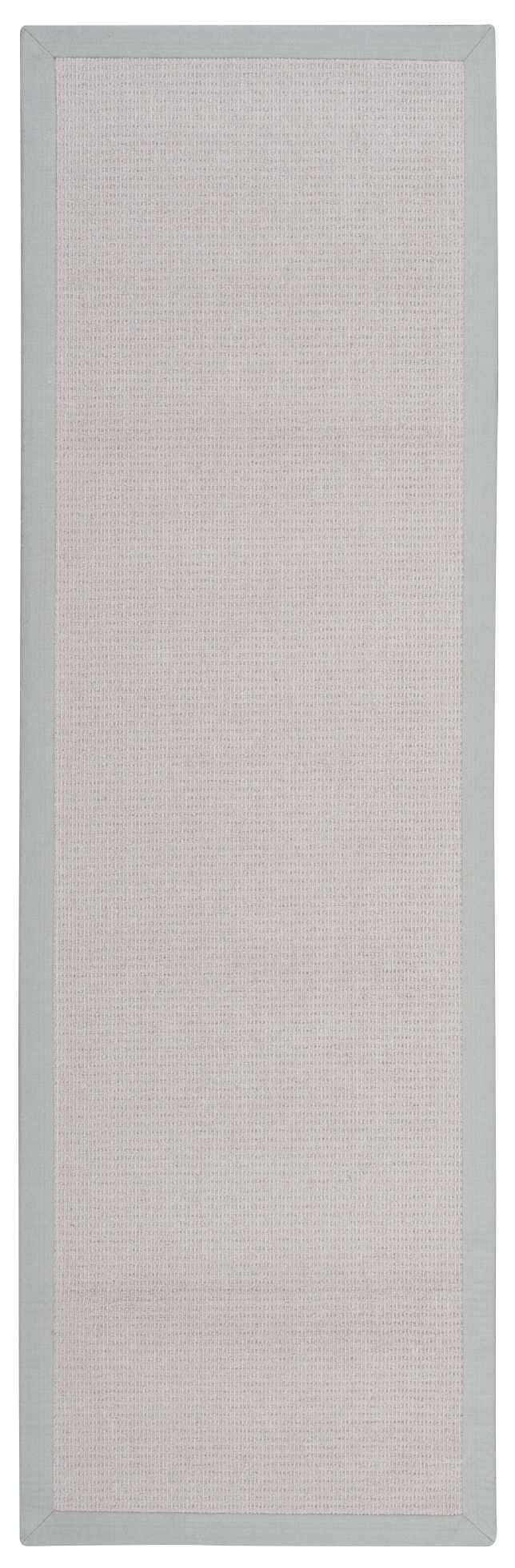 Close-up of Nourison Sisal Soft Stone rug, sandstone color with a light gray border. Farmhouse style, woven texture.