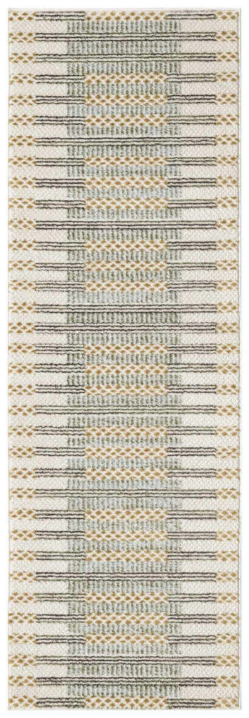Close-up of Nourison Nordic Ivory Multicolor rug, featuring a mid-century modern striped and diamond pattern. Chestnut brown hues.