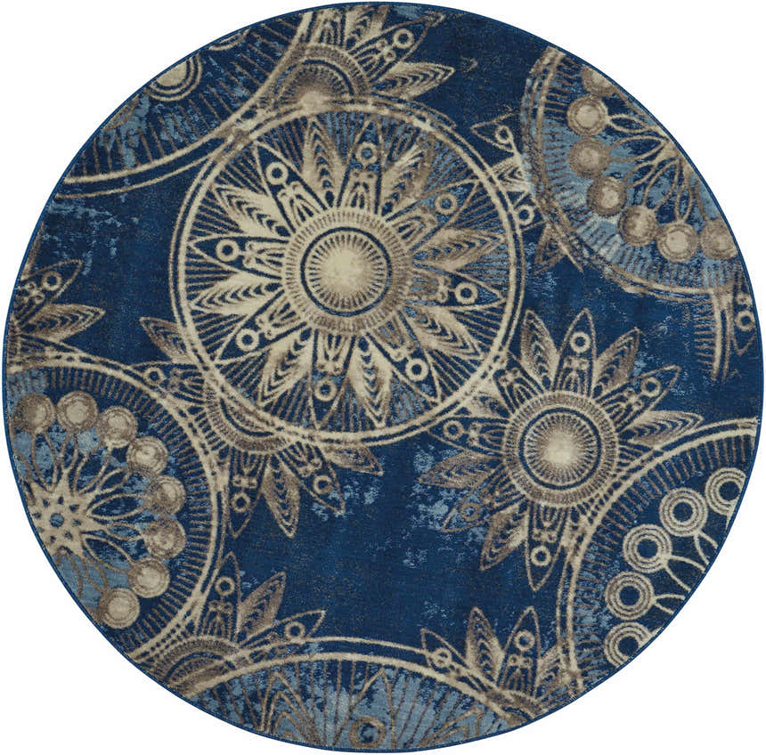 Round Nourison Somerset Denim rug with a mid-century modern floral medallion pattern in denim blue and beige.