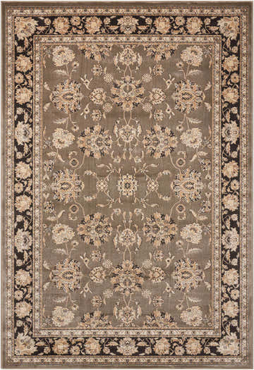 Close-up of the Nourison Ararat Grey Persian rug. Features a floral pattern and dark border. Machine-made polypropylene rug.