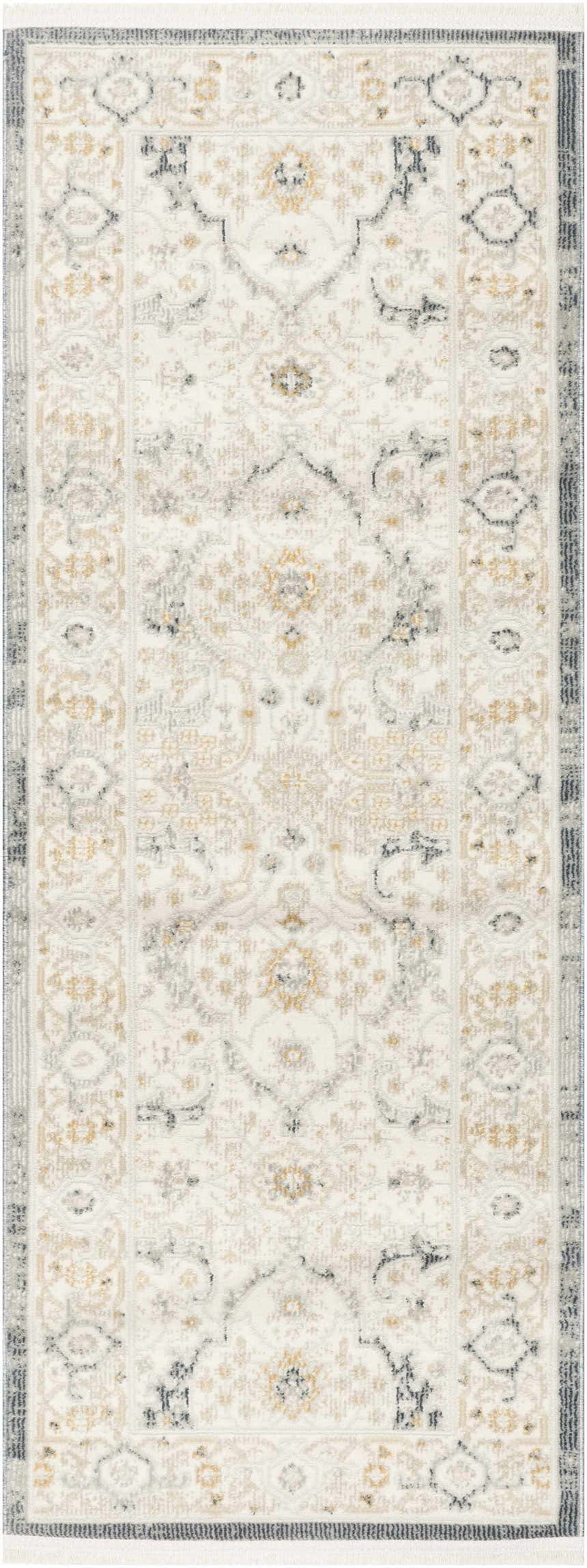 Close-up of the Nourison Pardis Light Blue Vintage runner rug, featuring a distressed traditional pattern and high pile.