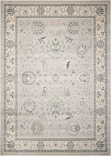 Close-up of the Nourison Maymana Silver Persian Area Rug, showcasing its floral pattern, border, and soft gray tones.