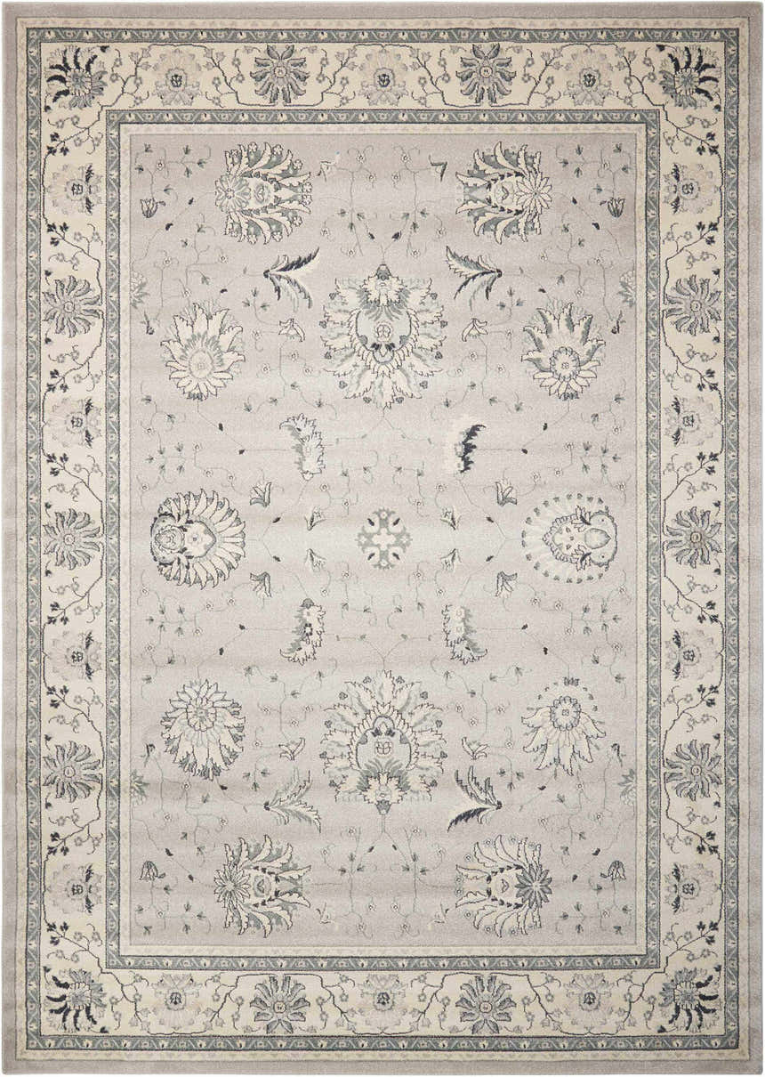 Close-up of the Nourison Maymana Silver Persian Area Rug, showcasing its floral pattern, border, and soft gray tones.