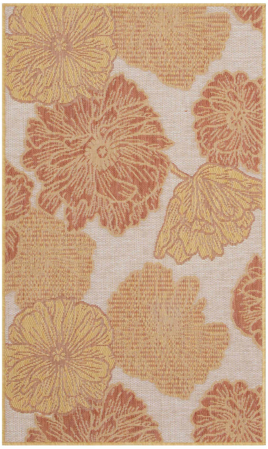 Close-up of Nourison Garden Oasis Coral Tropical Area Rug. Coral and gold floral pattern on a neutral background.