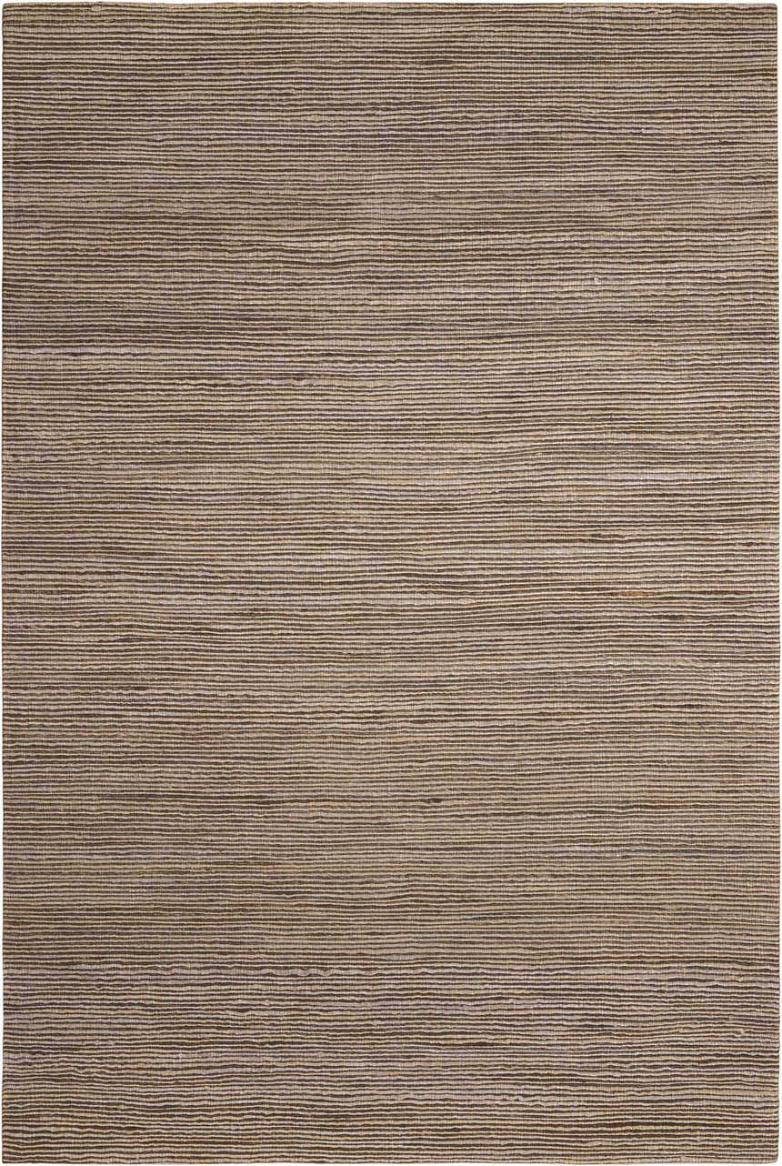 Close-up of the Calvin Klein Monsoon Loam rug showing its jute texture and horizontal lines in brown and beige.