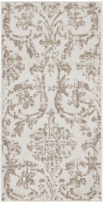 Close-up of Nourison Jubilant Ivory Beige rug with a distressed vintage pattern in chestnut on a soft ivory background.