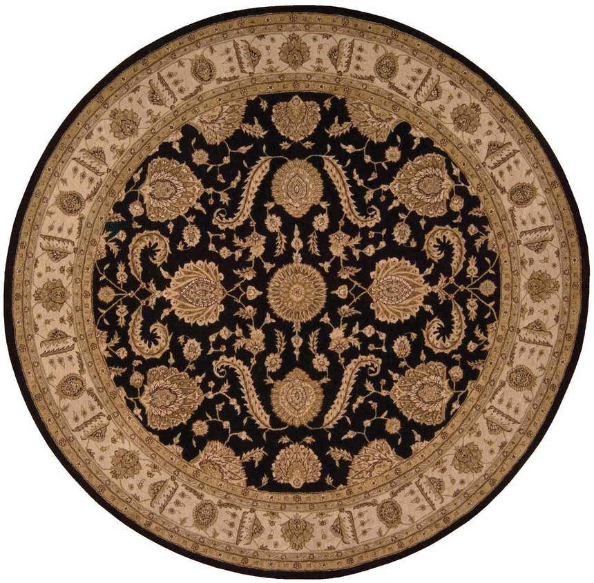 Close-up of the round Nourison Heritage Hall Black Persian rug featuring a floral pattern and beige border.