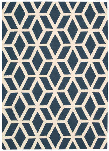 Close-up of Nourison Linear Blue Ivory rug featuring a geometric diamond pattern. Handmade wool rug.