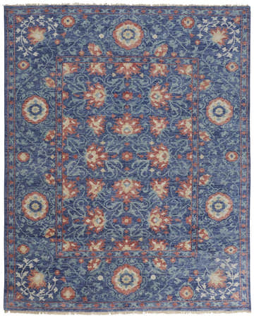 Close-up of Feizy Beall rug. Traditional floral design in blue, red, and cream. Hand-knotted wool rug with botanical pattern. Design-Rectangle