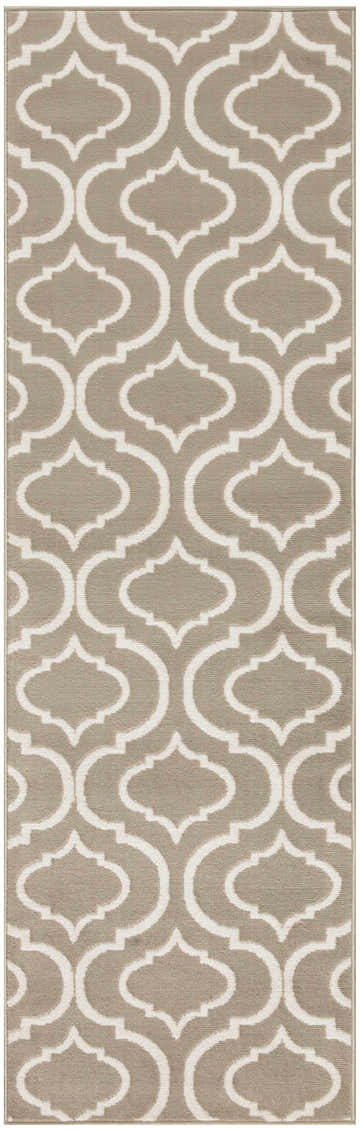 Close-up of the Nourison Jubilant Taupe rug featuring a contemporary ivory quatrefoil pattern on a taupe background.