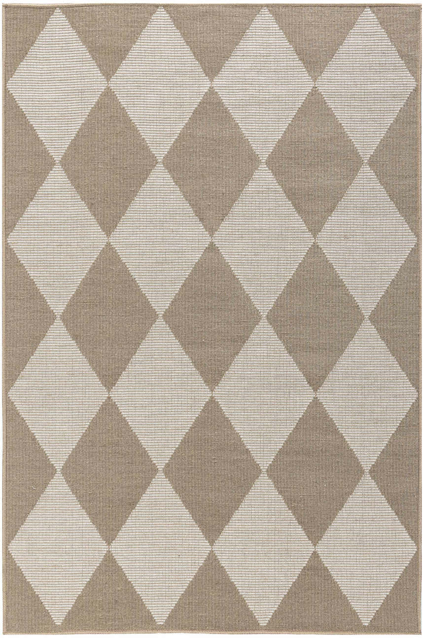 Close up of Nourison Modern Jute Natural Ivory rug, featuring a chestnut and ivory diamond pattern and jute texture.