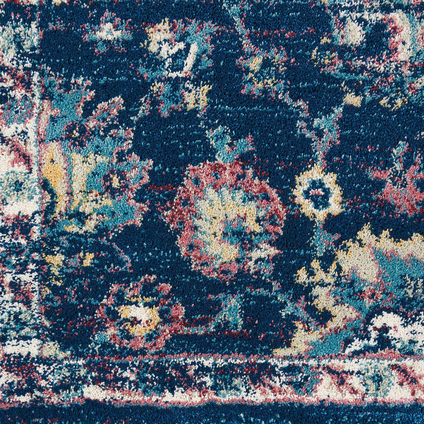 Close-up of Nourison Fusion Navy Pink Persian rug showing detailed floral patterns and textures.
