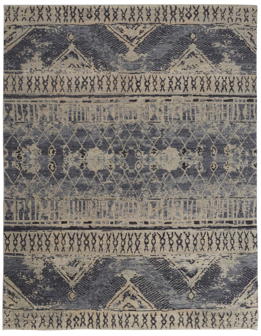 Close-up of Feizy Palomar rug. Transitional style with blue, gray, and ivory trellis and lattice pattern. Hand-knotted wool texture. Design-Rectangle-283