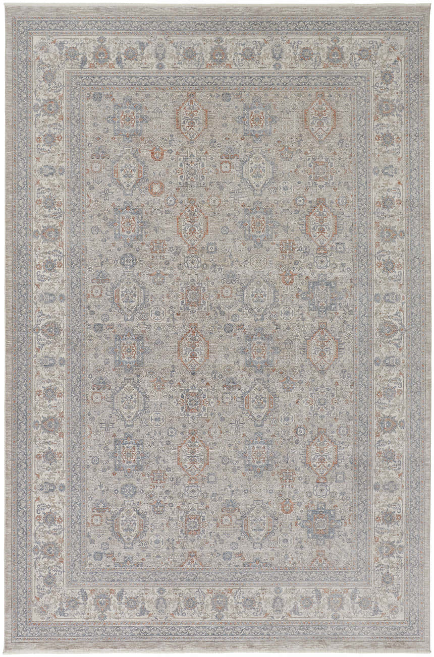 Feizy Marquette Transitional Oriental Area Rug in taupe, silver, and blue, with a vintage-inspired pattern. Design-Rectangle