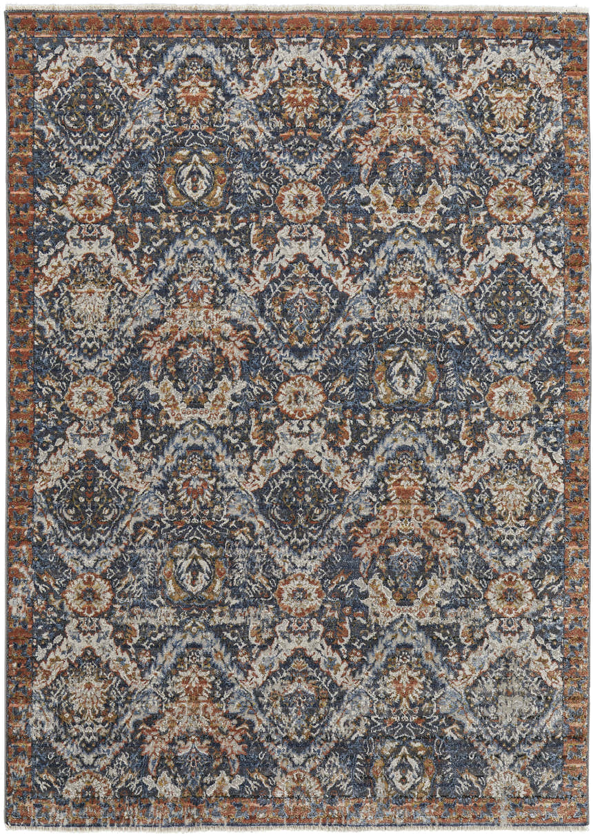 Close-up of the Feizy Kaia rug: transitional floral design in blue, orange, and ivory colors. Botanical pattern. Design-Rectangle