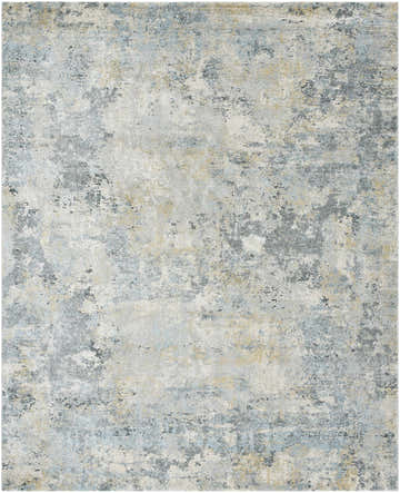 Close-up of the Adamma Thick Luxe Rug. Abstract design in gray, light gray, pale blue, peach, tan, and teal. Design-Rectangle-71010