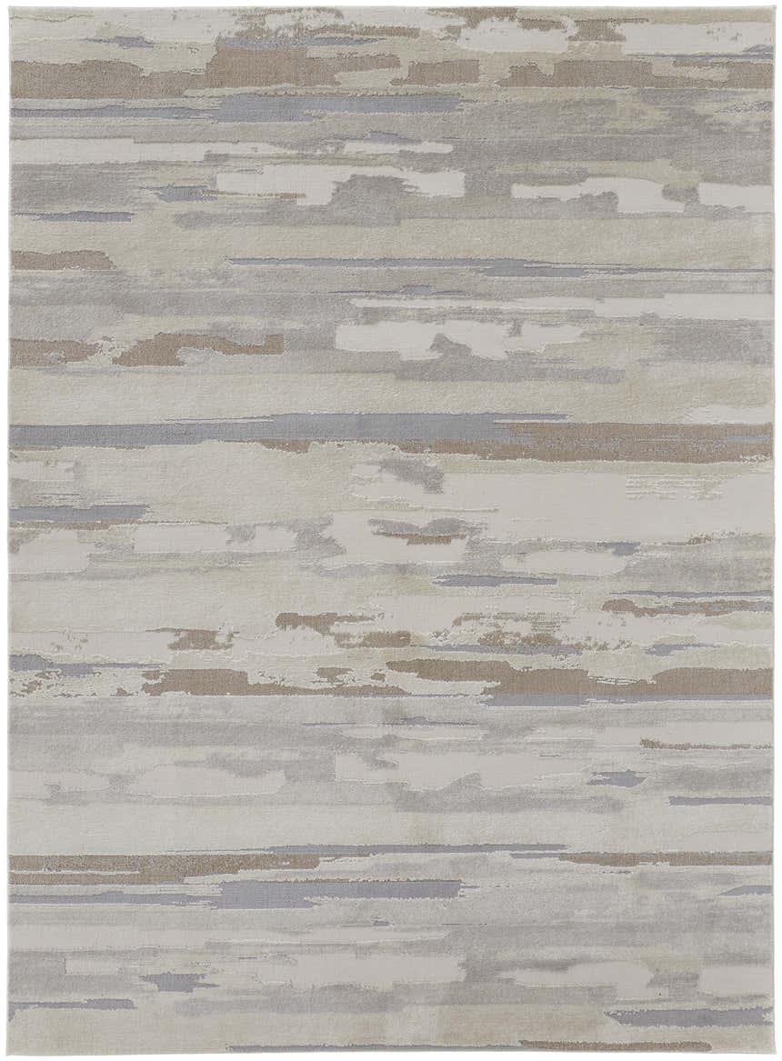 Close-up of the Feizy Vancouver rug. Abstract design in ivory, tan, and brown hues. Contemporary style, machine-made. Design-Rectangle