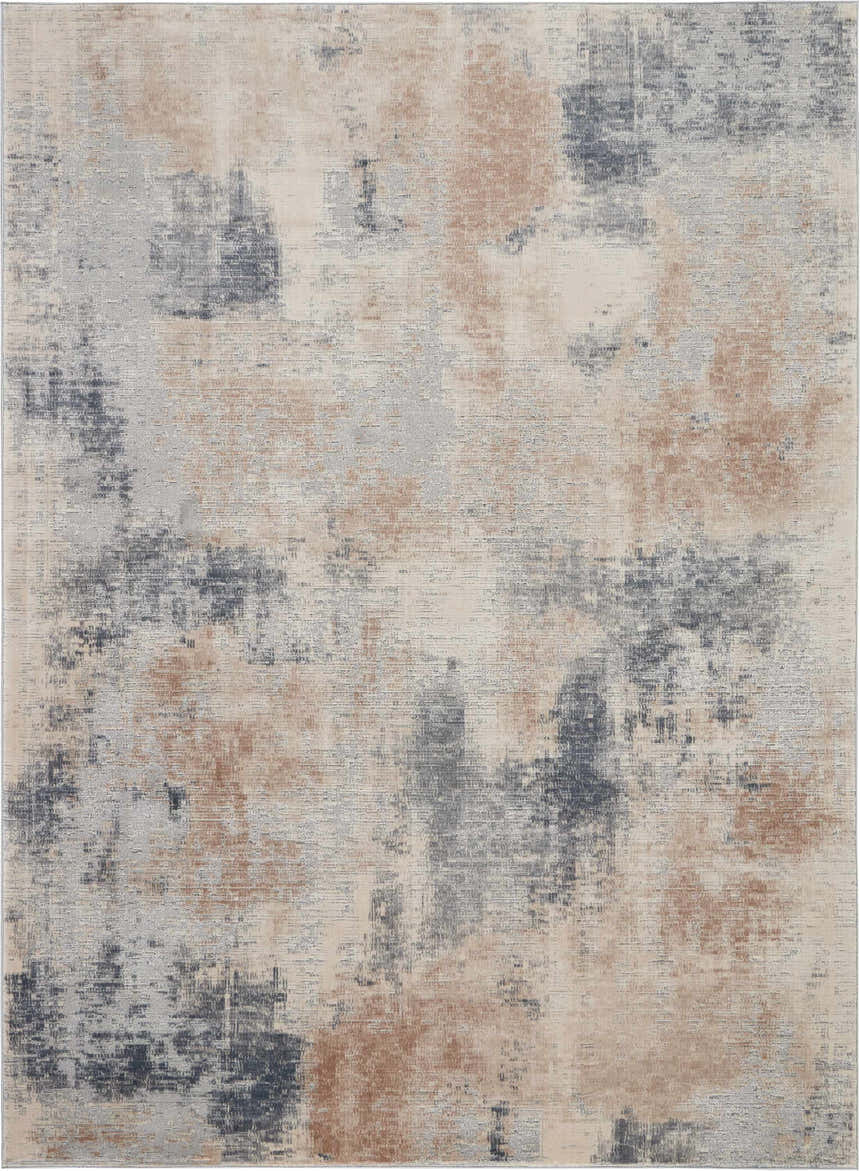 Close-up of the Nourison Rustic Textures rug. Beige, gray, and brown abstract pattern with a subtle, textured design.