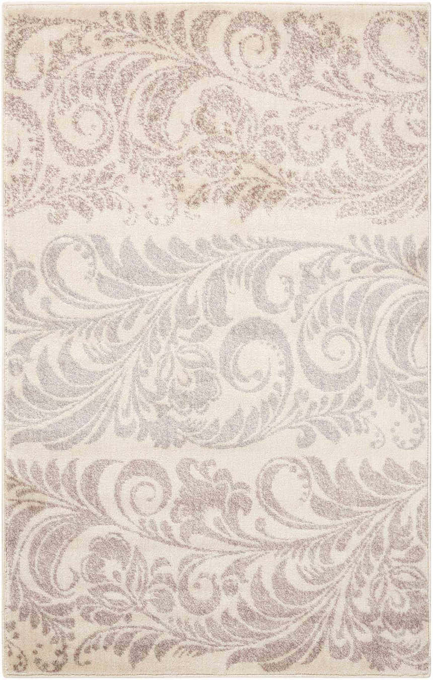 Close-up of Nourison Utopia Ivory Floral Area Rug. Chestnut floral pattern on a light ivory background. Machine-made texture.