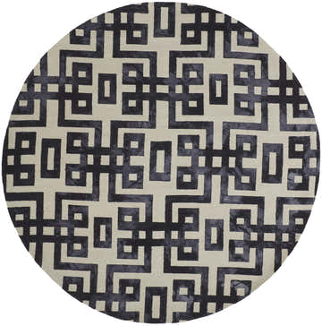 Close-up of a round Feizy Lorrain rug. Ivory background with a bold black geometric pattern. Hand-tufted wool texture. Design-Round