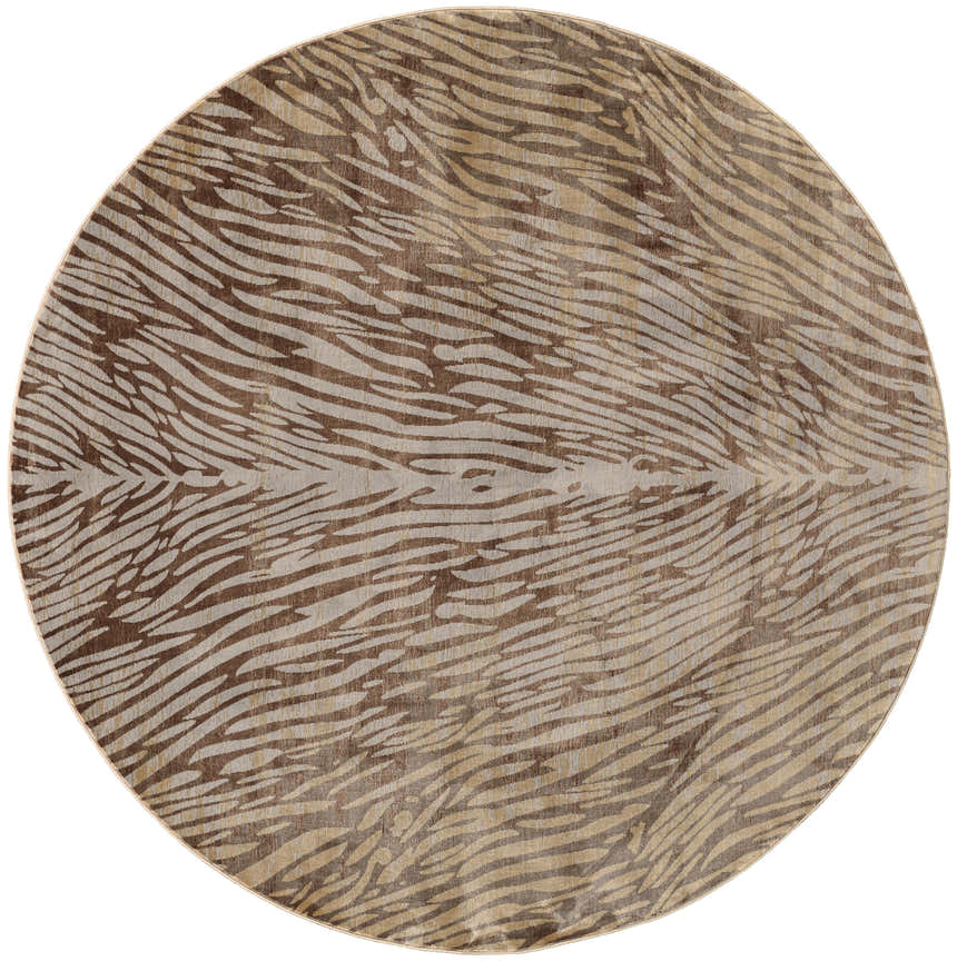 Round Feizy Cannes Area Rug with a brown and tan transitional animal print pattern. Design-Round