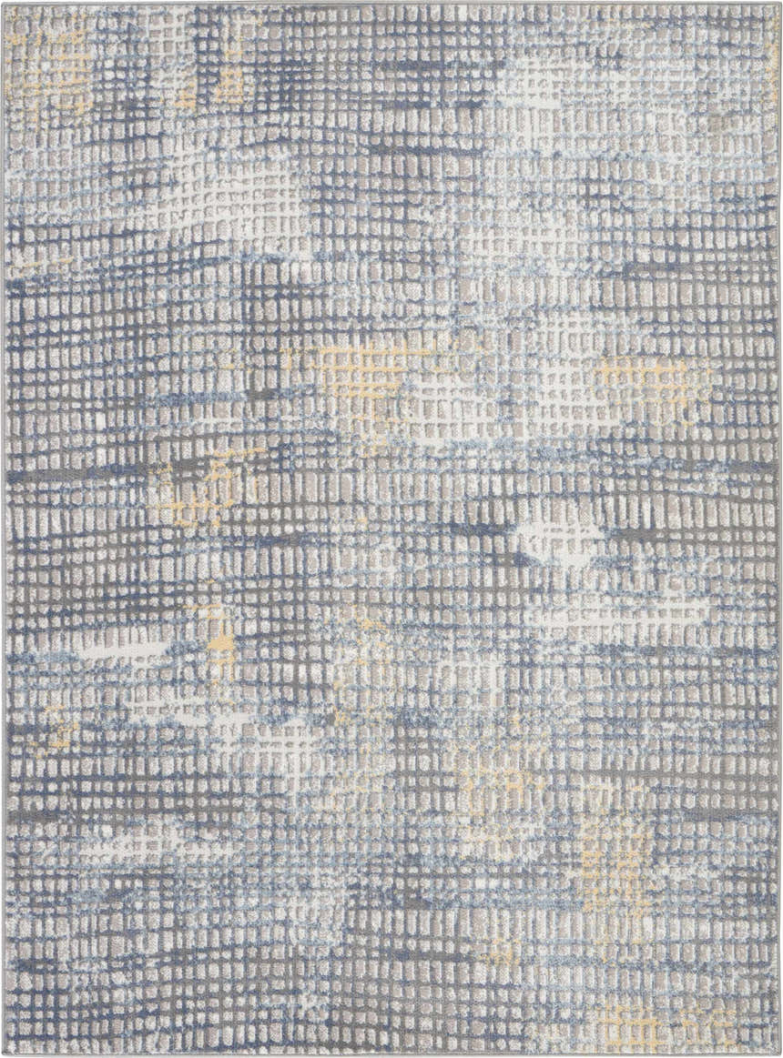 Close-up of Nourison Urban Decor rug. Modern grid pattern in grey, ivory, and chestnut. Machine-made texture.