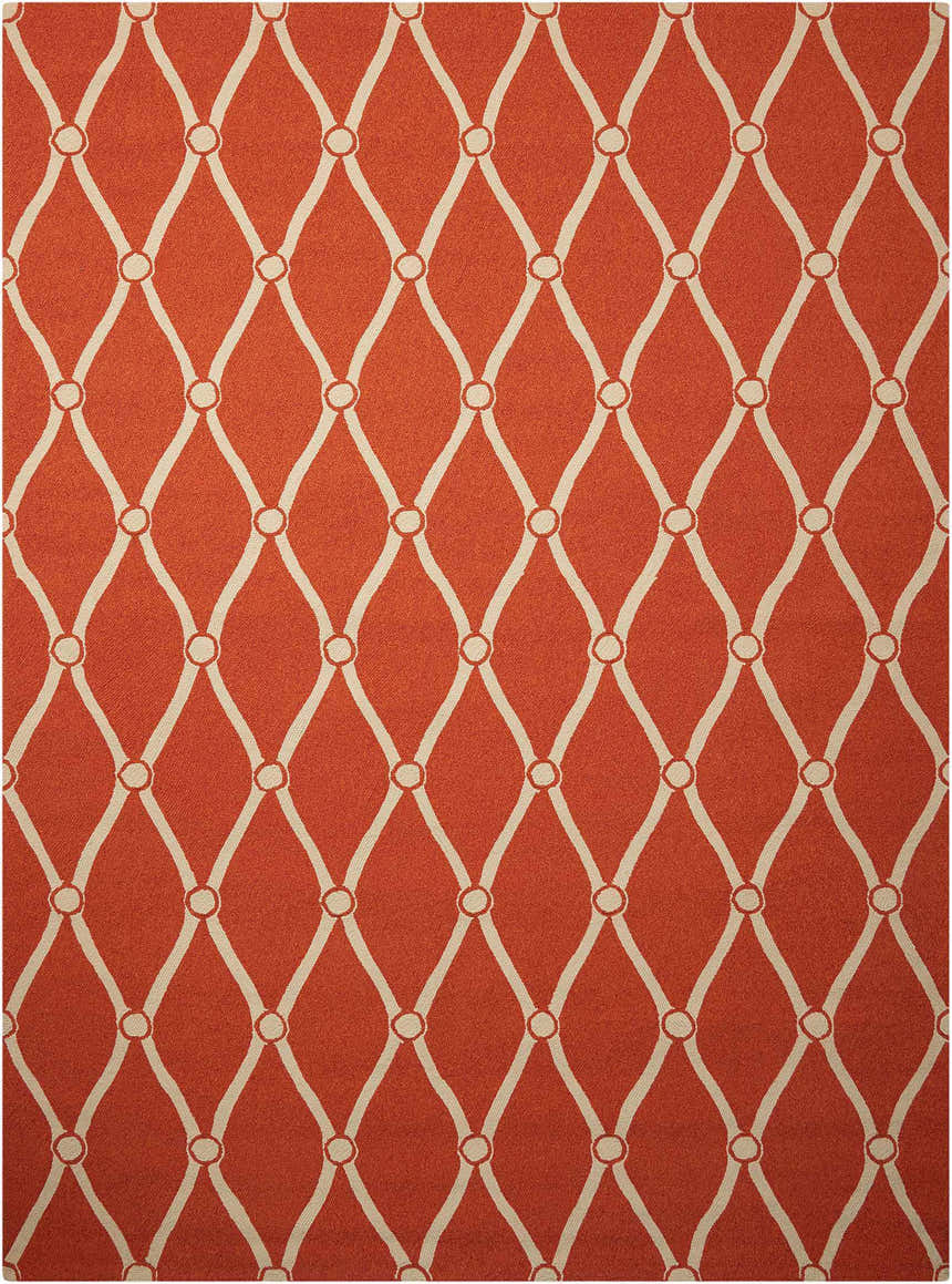Close-up of the Nourison Portico Orange Colorful Area Rug, featuring a burnt orange background and a cream diamond trellis pattern.