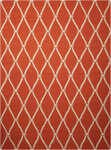 Close-up of the Nourison Portico Orange Colorful Area Rug, featuring a burnt orange background and a cream diamond trellis pattern.