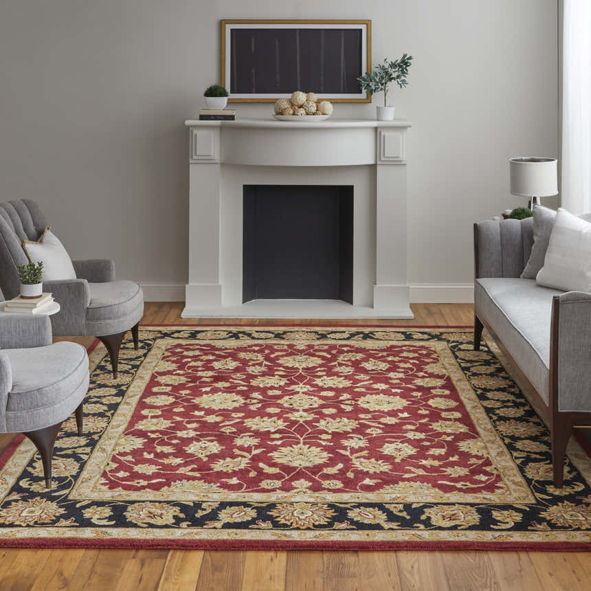 Living room with gray chairs and Feizy Wagner red, black, and gold traditional rug. Roomscene-Rectangle