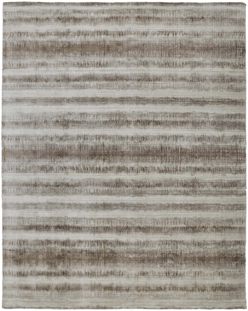 Close-up of the Feizy Mackay Transitional Stripes Area Rug in tan, ivory, and brown. Hand-woven wool and viscose texture. Design-Rectangle