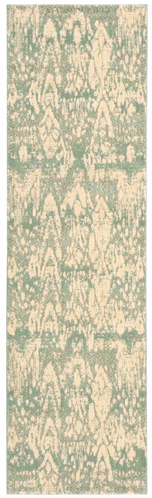 Close-up of the Nourison Nepal Seafoam Vintage Area Rug. Sage green and cream abstract pattern. Machine-made wool rug.