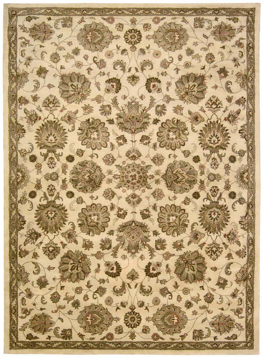 Close-up of Nourison Jaipur Ivory Persian rug. Handmade wool rug with chestnut floral pattern and border.