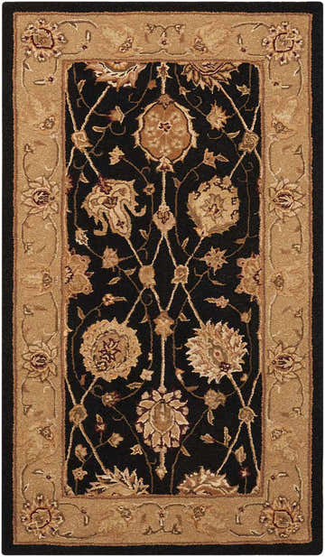 Close-up of the Nourison 3000 Black Persian Rug with a floral pattern and tan border. Handmade wool and silk rug.