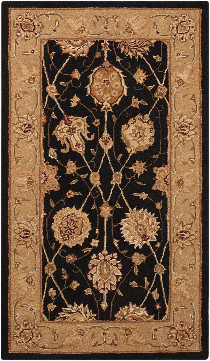 Close-up of the Nourison 3000 Black Persian Rug with a floral pattern and tan border. Handmade wool and silk rug.