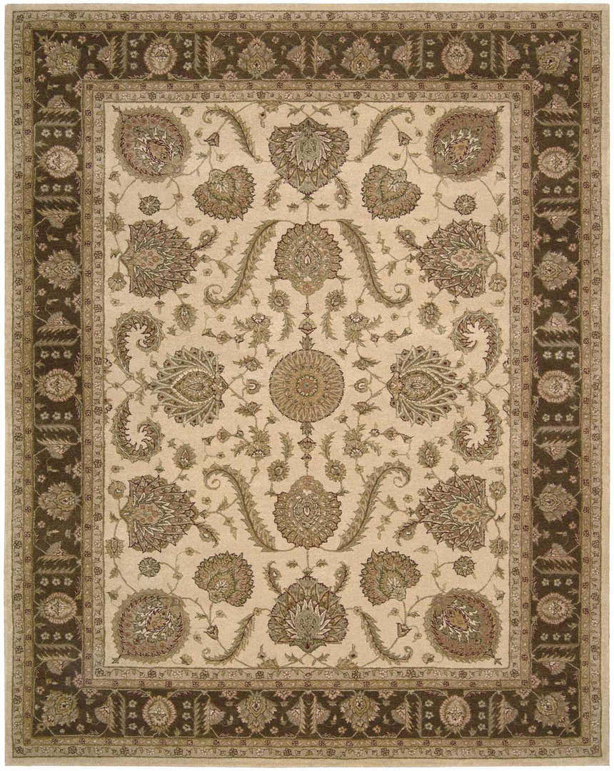 Detailed beige Persian rug with brown border. Nourison Heritage Hall Freeform Area Rug.