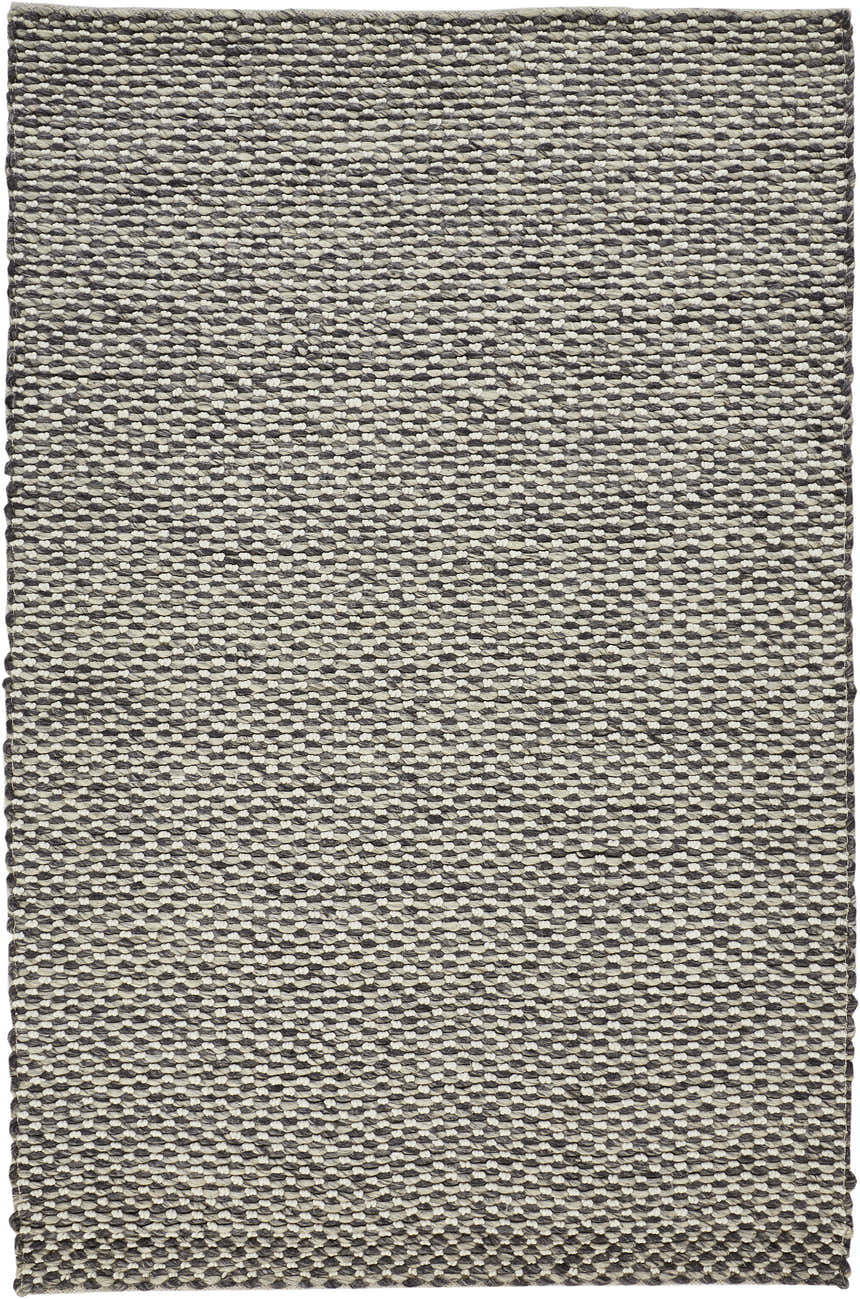 Close-up of the Feizy Berkeley rug. Hand-woven wool rug in a gray and ivory transitional design. Farmhouse style texture. Design-Rectangle