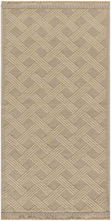 Close-up of Nourison Jute Natural rug. Modern geometric pattern in brick red on a jute weave. Washable area rug.