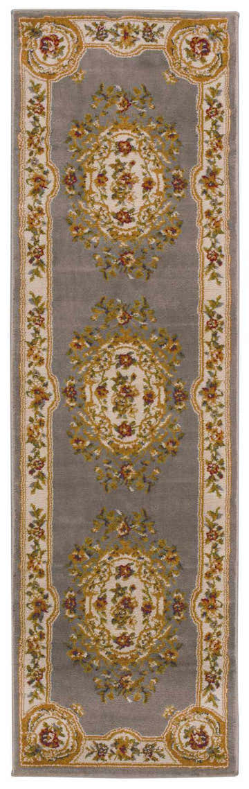 Close-up of Nourison Paramount Grey Blue Vintage runner rug with floral medallions and border detail.
