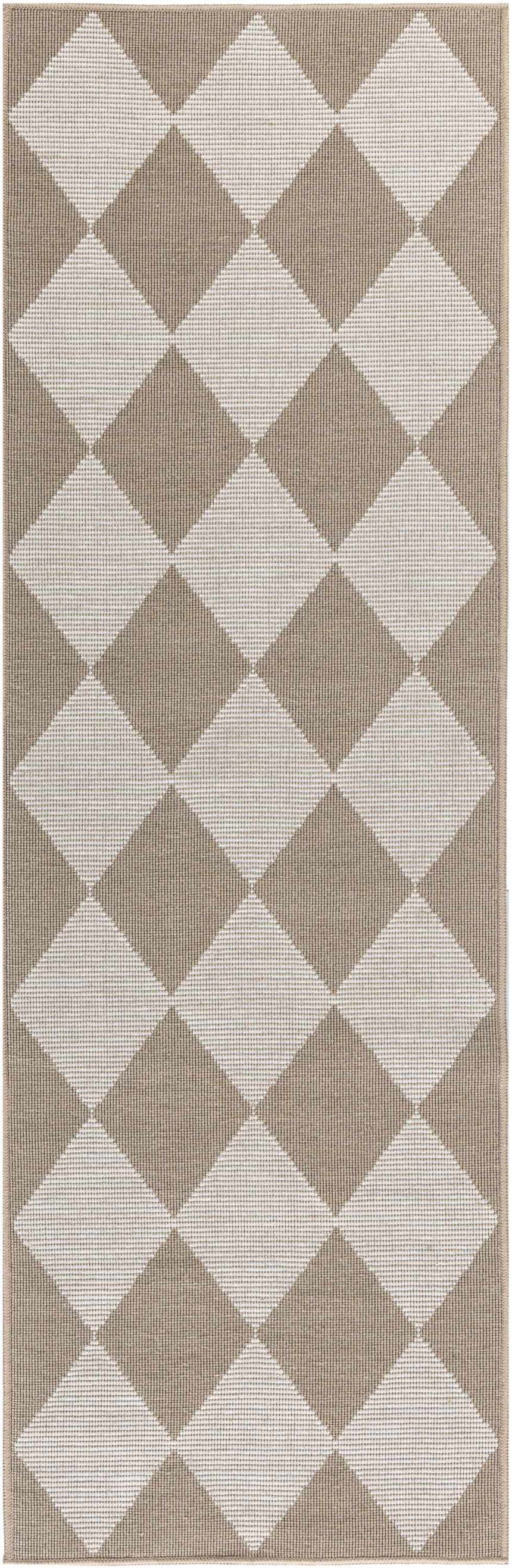 Close-up of the Nourison Modern Jute Natural Ivory rug, featuring a chestnut and ivory diamond pattern and jute texture.