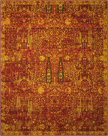 Detailed Nourison Timeless Scarlet Persian rug featuring a red and gold floral and tree pattern.