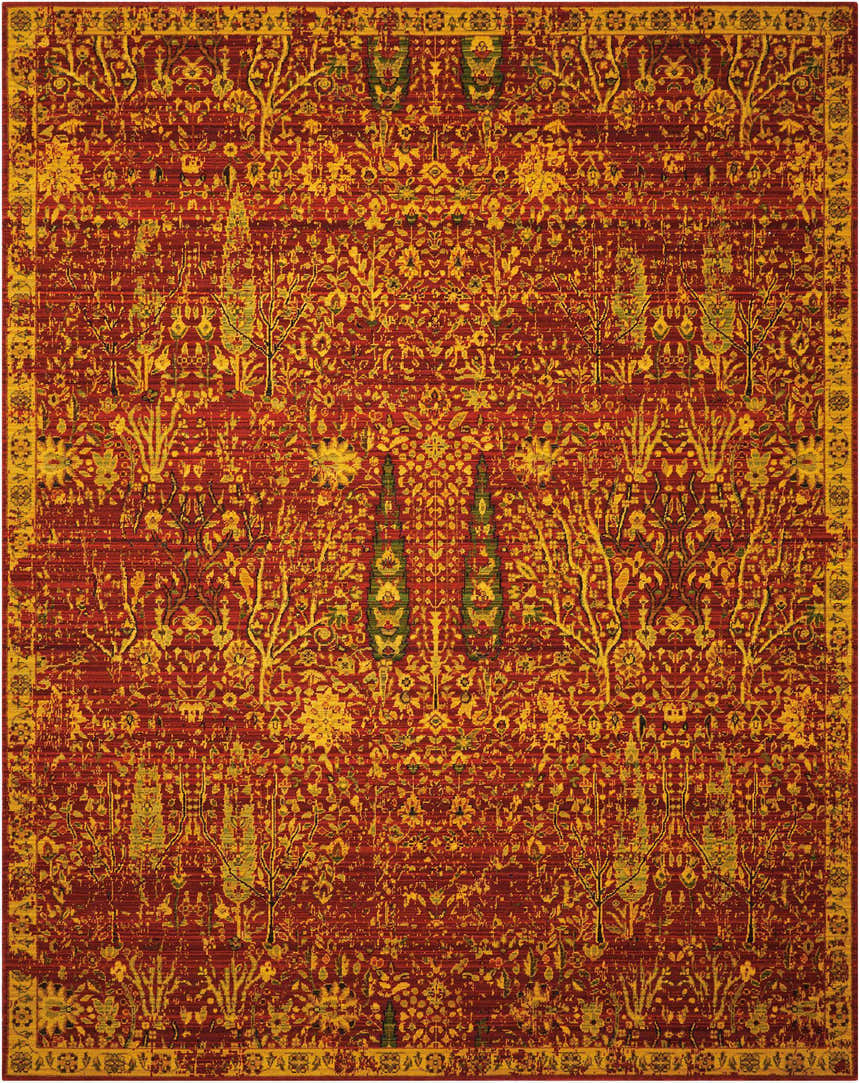 Detailed Nourison Timeless Scarlet Persian rug featuring a red and gold floral and tree pattern.