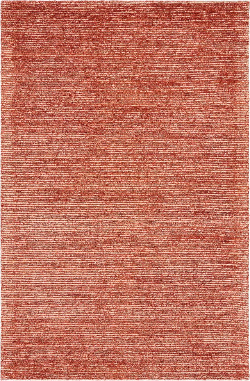 Close-up of the brick red Nourison Weston Rug. Modern design with subtle horizontal texture.