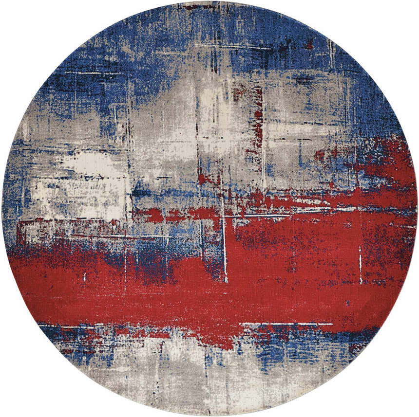 Round Nourison Twilight Multicolor rug with a modern abstract design in red, blue, gray, and white. Wool and Luxcelle texture.