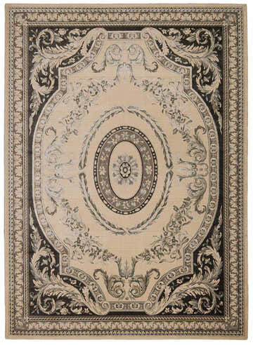 Close-up of Michael Amini Platine Ivory Vintage Area Rug. Chestnut, floral, and oval medallion design. Luxelle material.